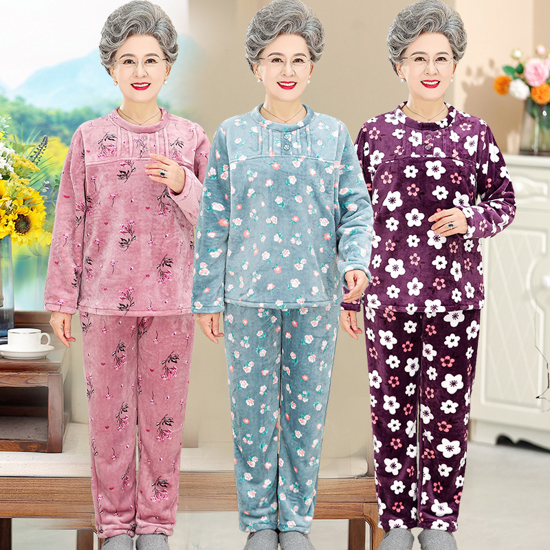 中老年人套头法兰绒睡衣女奶奶秋冬保暖两件套妈妈家居服太太套装